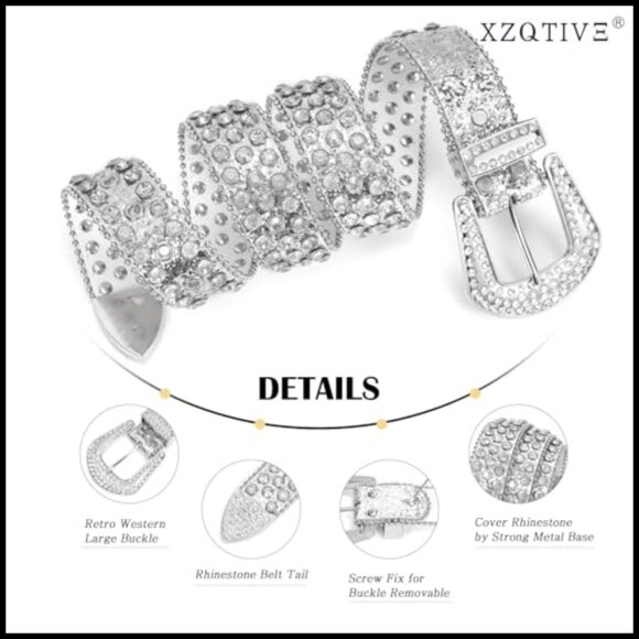 Faux Leather Rhinestone Studded Western Belt with Silver Buckle main image 6